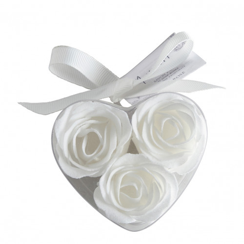 Caixa Coração de 3 rosas de sabonete brancas - Perfume Rosa