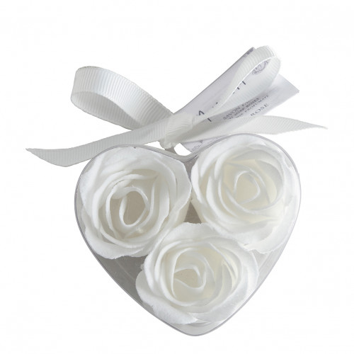 Boîte Cœur de 3 roses de savon blanches - Parfum Rose