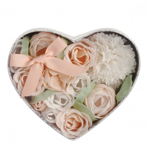 Heart Box Bouquet Soap Flower Garden in Nude and White - Rose Fragrance