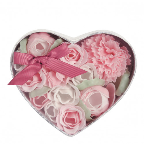Heart-Shaped Box Bouquet Flower Bed of Pink and White Soap Flowers - Rose Scent