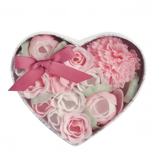 Heart-Shaped Box Bouquet Flower Bed of Pink and White Soap Flowers - Rose Scent