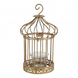 Gaiola de pássaros porta-velas em metal dourado