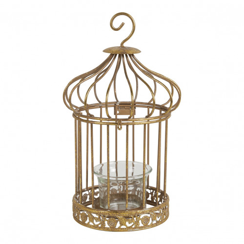 Gaiola de pássaros porta-velas em metal dourado