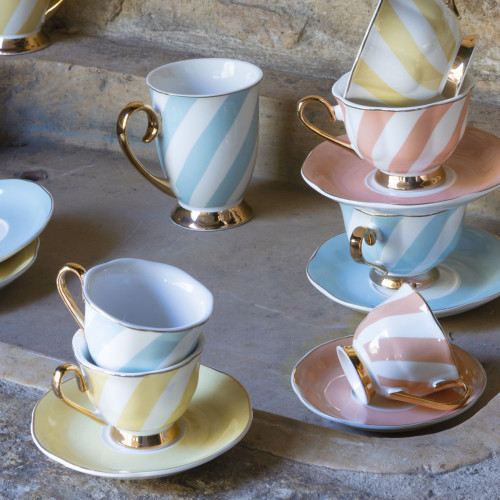 Taza de Café y Platillo Madame de Récamier con Rayas Pastel - Azul