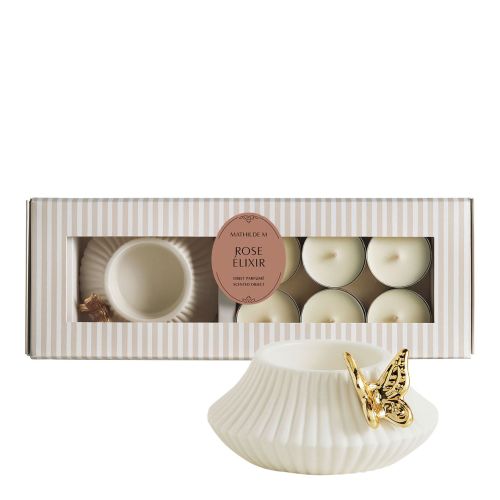 Coffret bougeoir Papillon et 6 bougies parfumées - Rose Élixir