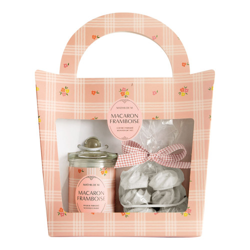 Coffret bougie parfumée 100 g et décors Gourmandises d'Été - Macaron Framboise