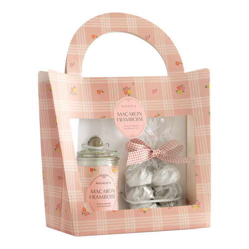 Coffret bougie parfumée 100 g et décors Gourmandises d'Été - Macaron Framboise