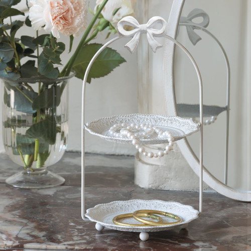 Two-Tier Tray with Bow in Whitewashed Metal